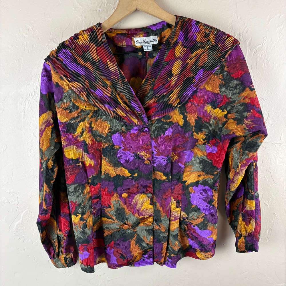 Vintage Eva Laurel 1980s Purple Pink Vibrant Long Sleeve Blouse Double Breasted